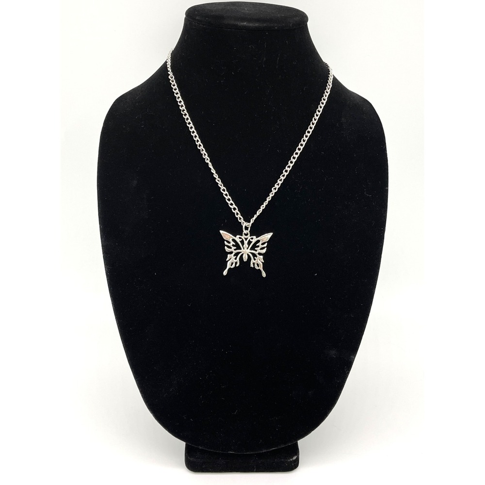 Butterfly Pendant Necklace Silver Tone Cyber Y2K Goth Alt Festival Fairy McBling